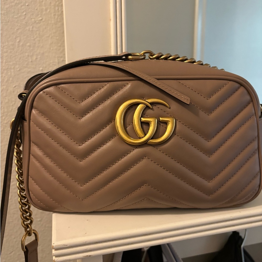 Gucci Taupe Quilted Crossbody Bag with Gold Accents